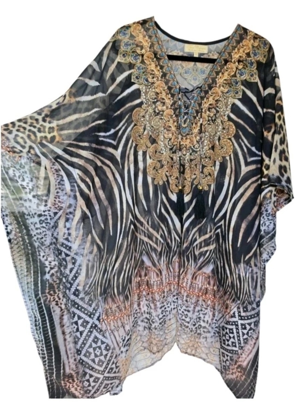 True Colours La Moda Animal Print Crystal Kaftan Resort Swim Cover Up Tunic OS